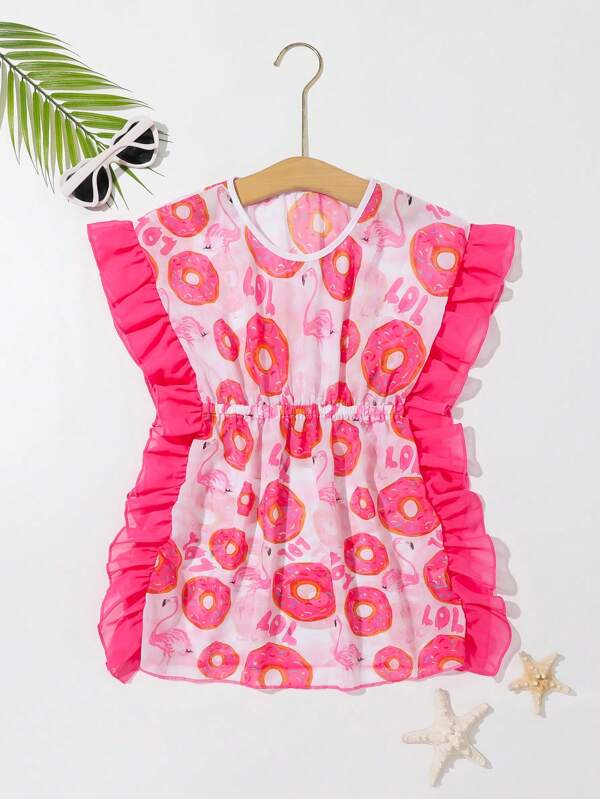 Toddler Girls Donuts Print Ruffle Trim Batwing Sleeve Cover Up