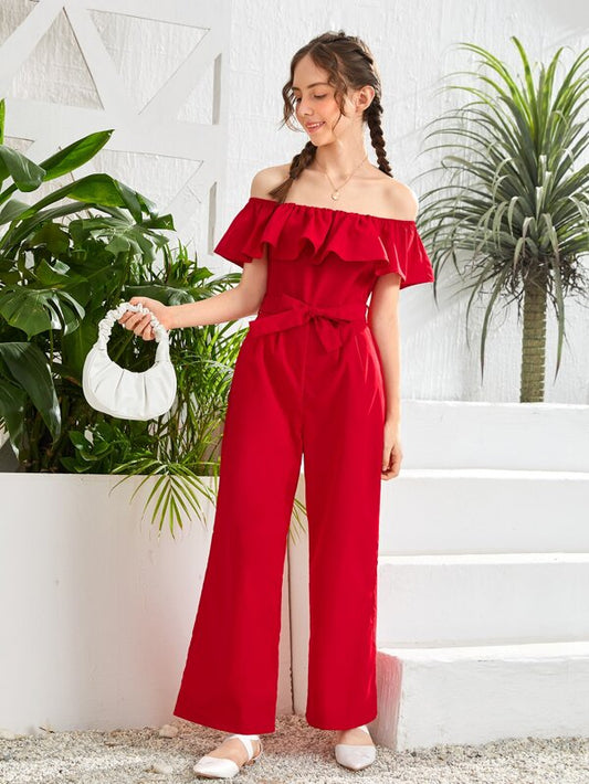 SHEIN Teen Girls Off Shoulder Ruffle Detail Belted Jumpsuit