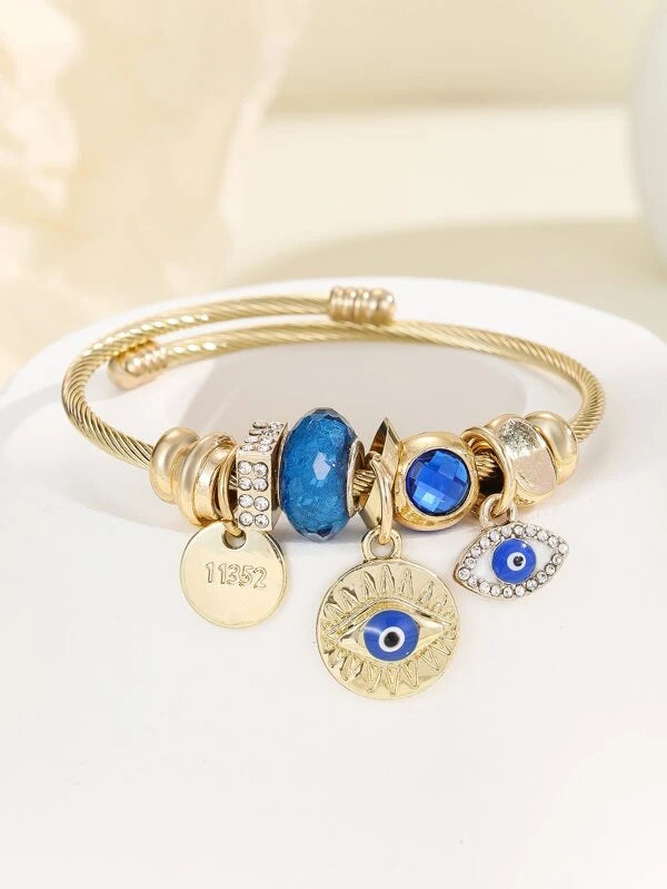 1pc Fashionable Stainless Steel Rhinestone Decor Eye & Round Charm Bangle For Women For Daily Decoration