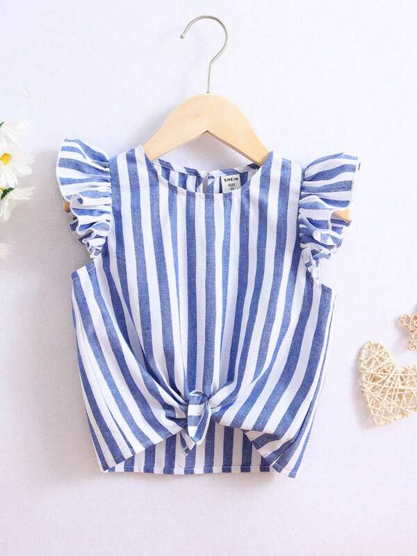 SHEIN Kids SUNSHNE Toddler Girls Striped Ruffle Trim Knot Hem Blouse