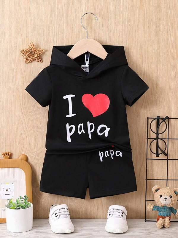 Baby Heart & Letter Graphic Hooded Tee & Shorts