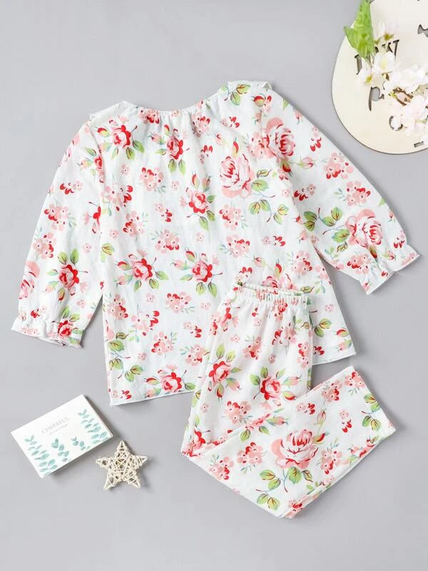 SHEIN Kids EVRYDAY Toddler Girls Floral Print Eyelet Embroidery Ruffle Trim PJ Set