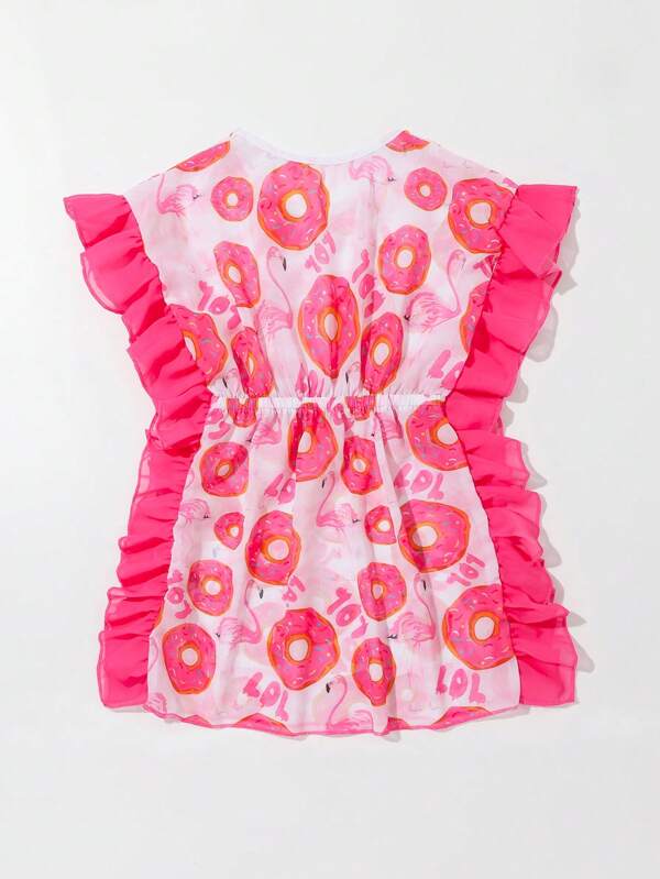 Toddler Girls Donuts Print Ruffle Trim Batwing Sleeve Cover Up