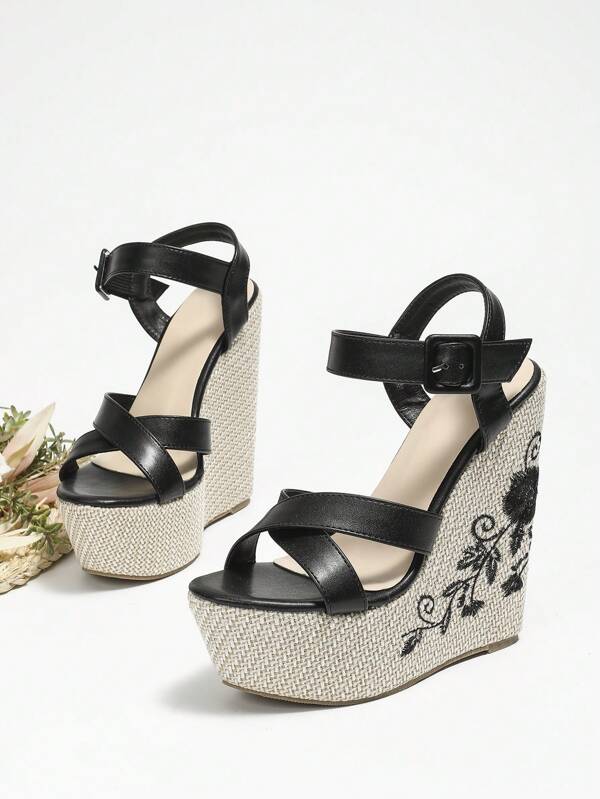 Vacation Black Sandals For Women, Floral Embroidered Ankle Strap Wedge Sandals