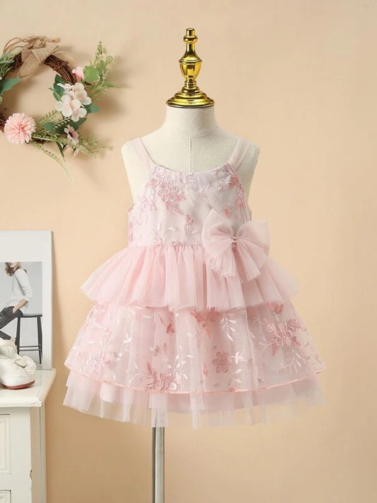 Toddler Girls Floral Embroidery Ruffle Hem Cami Top & Mesh Layered Skirt
