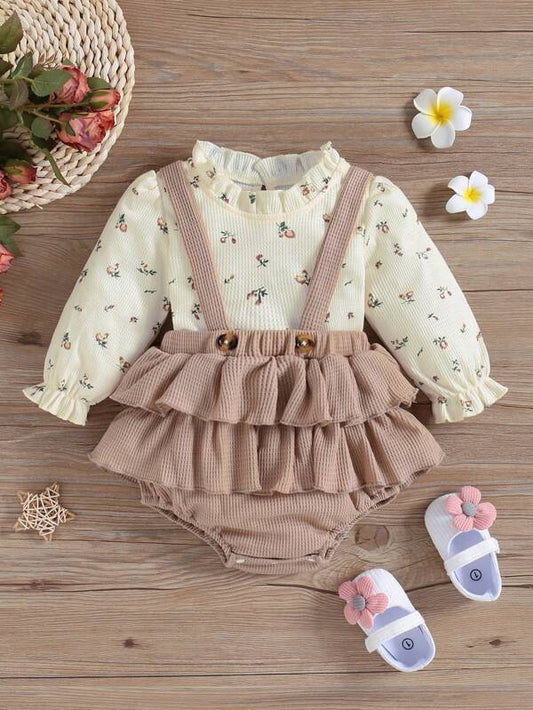 Baby Floral Print Flounce Sleeve Top & Ruffle Trim Pinafore Shorts