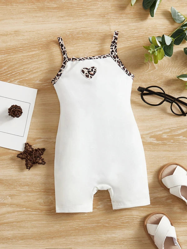 SHEIN Baby Heart Embroidery Contrast Leopard Binding Cami Romper