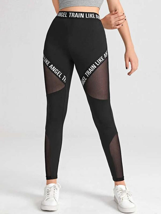 SHEIN Teen Girls Letter Taped Mesh Insert Leggings