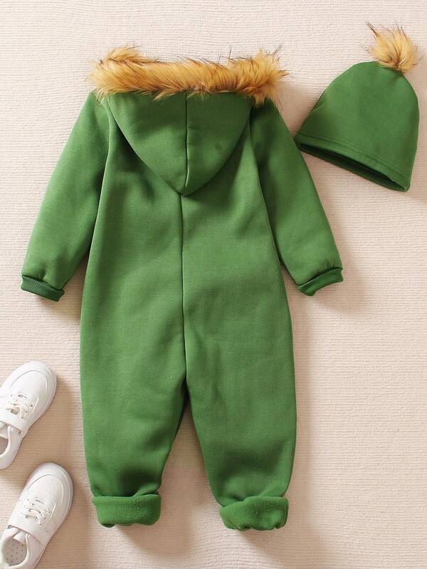 Young Boy Slogan Patched Detail Fuzzy Trim Hooded Jumpsuit & Accessory Hat