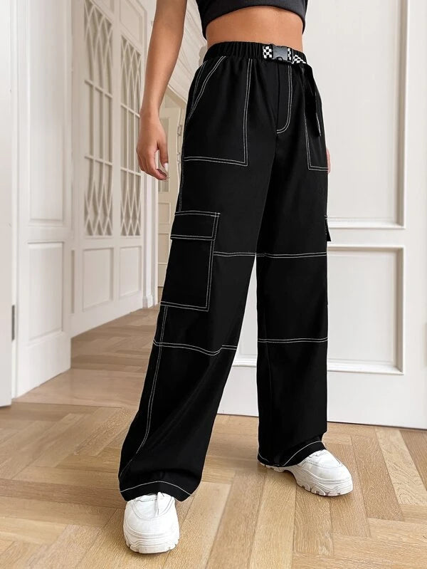 SHEIN EZwear Top-stitching Flap Pocket Side Belted Cargo Pants