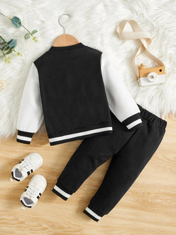 Baby Letter Graphic Colorblock Bomber Jacket & Sweatpants