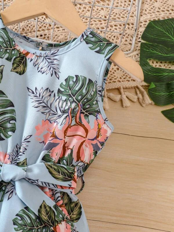 SHEIN Kids EVRYDAY Toddler Girls Tropical Print Belted Tank Jumpsuit