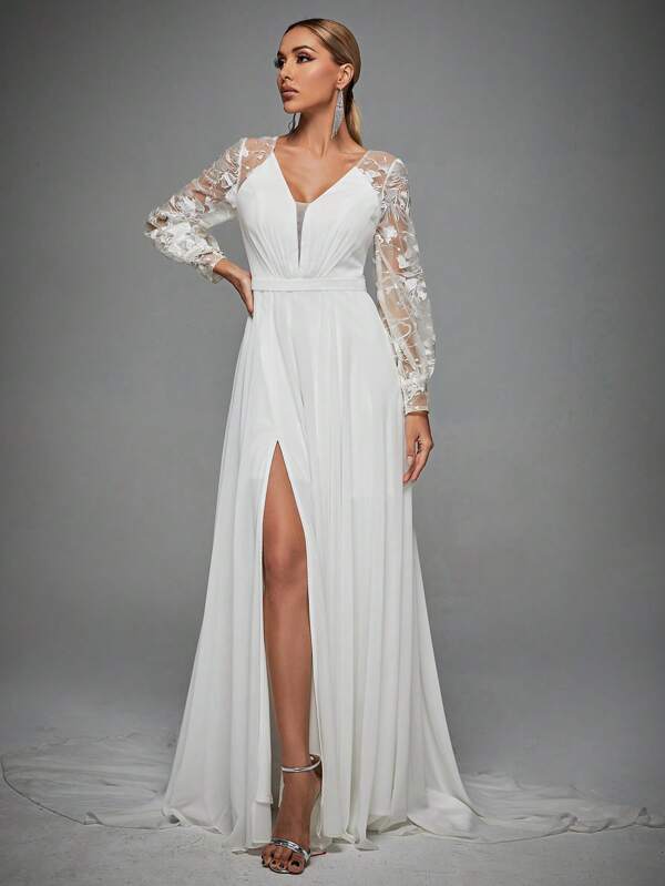 Floral Embroidery Mesh Floor Length Wedding Dress