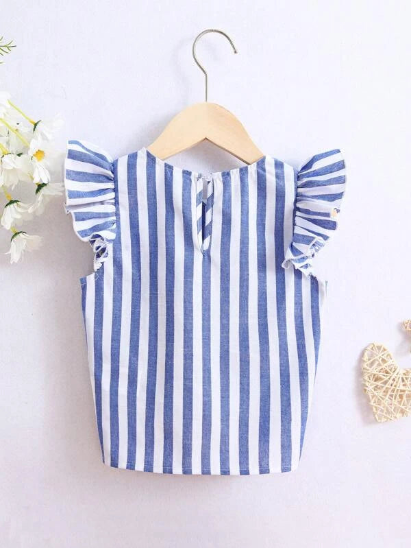 SHEIN Kids SUNSHNE Toddler Girls Striped Ruffle Trim Knot Hem Blouse