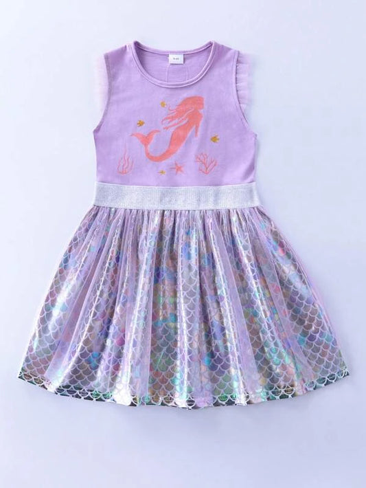 Toddler Girls Fish Scales Print Contrast Mesh Dress