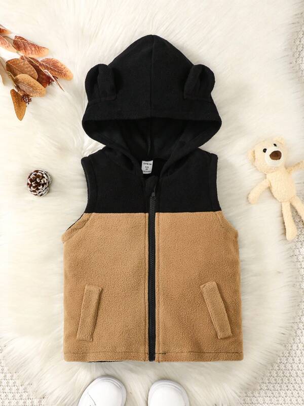 Young Boy Two Tone 3D Ear Design Hooded Fleece Vest Jacket