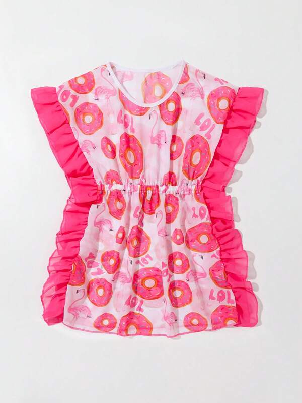 Toddler Girls Donuts Print Ruffle Trim Batwing Sleeve Cover Up