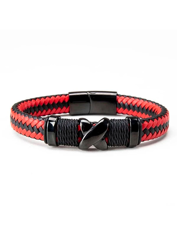 1pc European And American Style Simple X Design Stainless Steel And Cowhide Braided Bracelet, Handmade PU Leather Bracelet For Alternative Couples, Suitable For Men's Wear