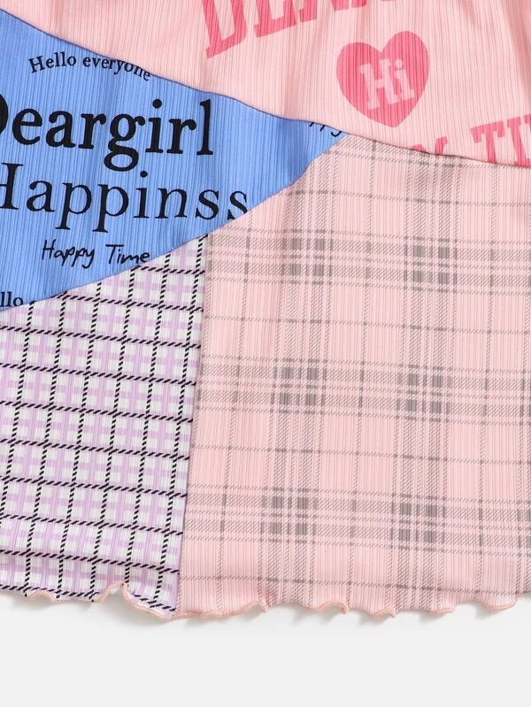 SHEIN Teen Girls Letter & Tartan Graphic Tee & Lettuce Trim Skirt Set