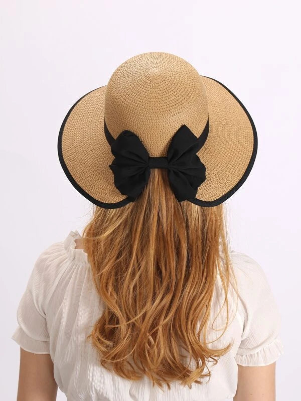 Bow Decor Contrast Binding Straw Hat