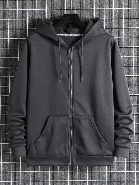 Men Slant Pockets Zip Up Drawstring Thermal Hoodie