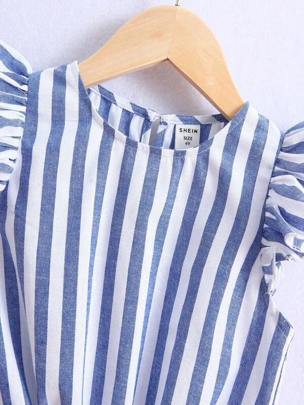 SHEIN Kids SUNSHNE Toddler Girls Striped Ruffle Trim Knot Hem Blouse