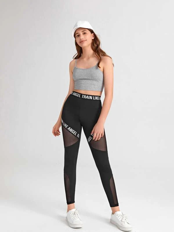 SHEIN Teen Girls Letter Taped Mesh Insert Leggings