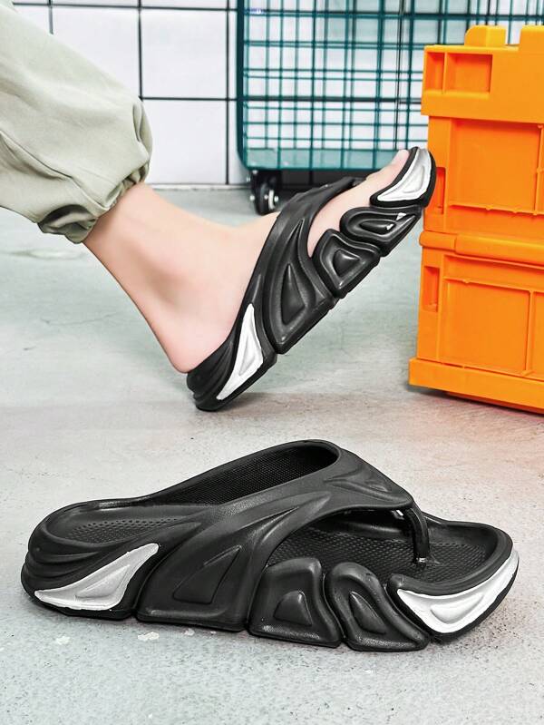 Cool Black Slippers For Men, Texture Embossed Flip Flops