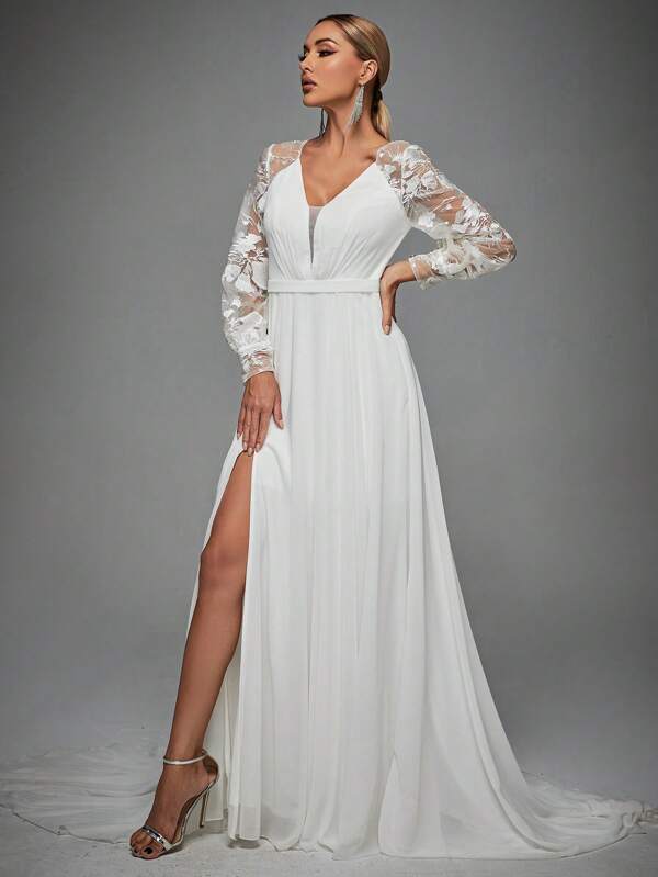 Floral Embroidery Mesh Floor Length Wedding Dress