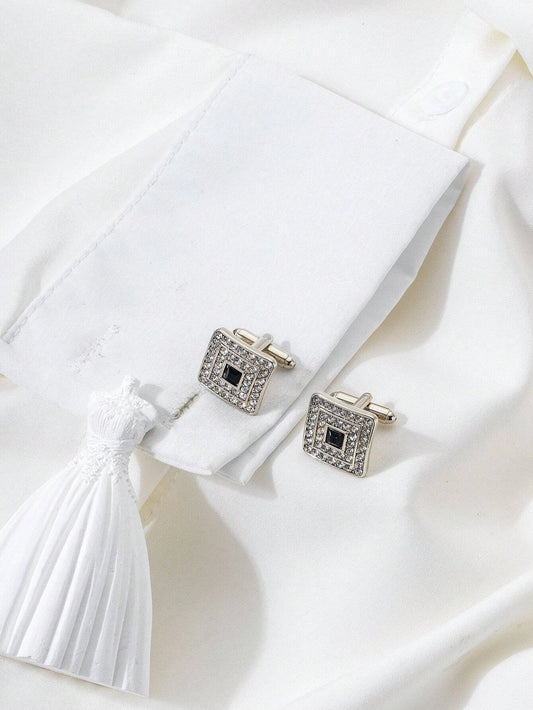 1pair Glamorous Stainless Steel Rhinestone Decor Cufflinks For Men For Daily Decoration
