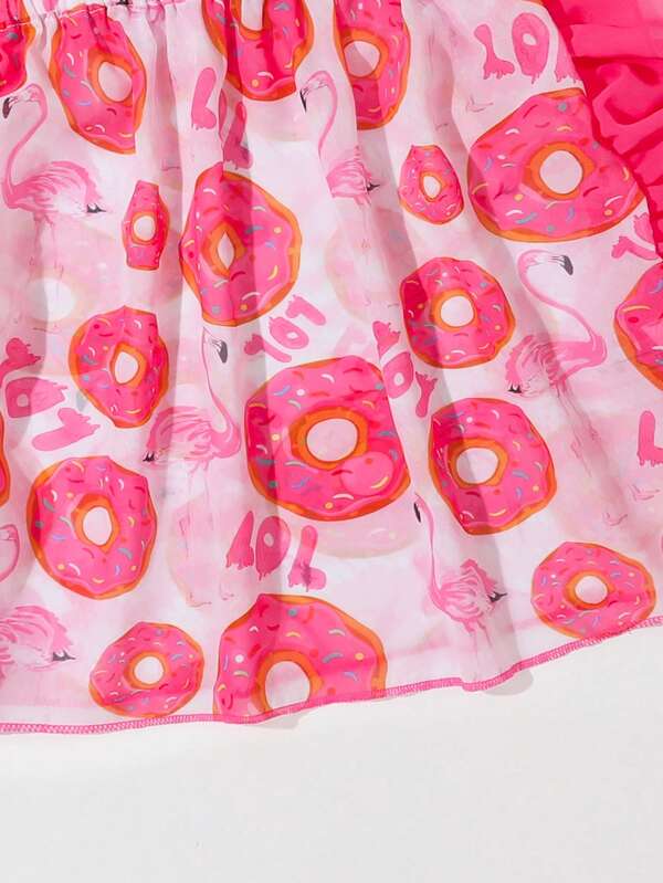 Toddler Girls Donuts Print Ruffle Trim Batwing Sleeve Cover Up