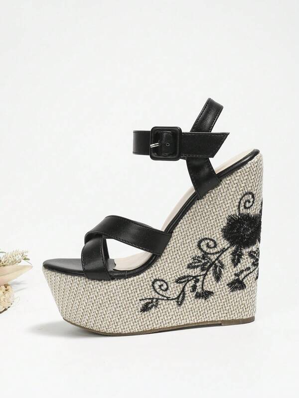 Vacation Black Sandals For Women, Floral Embroidered Ankle Strap Wedge Sandals