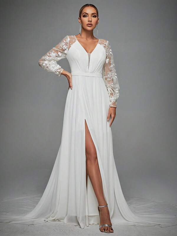 Floral Embroidery Mesh Floor Length Wedding Dress