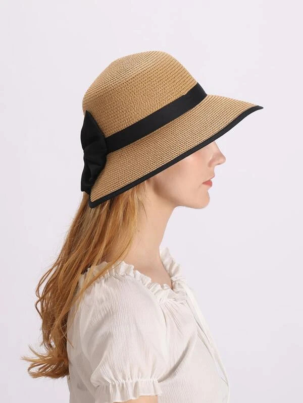 Bow Decor Contrast Binding Straw Hat