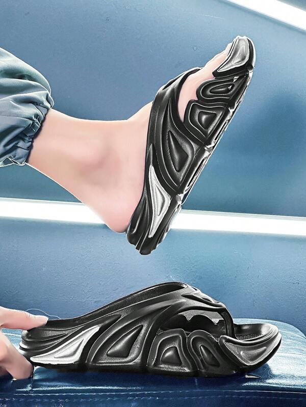 Cool Black Slippers For Men, Texture Embossed Flip Flops