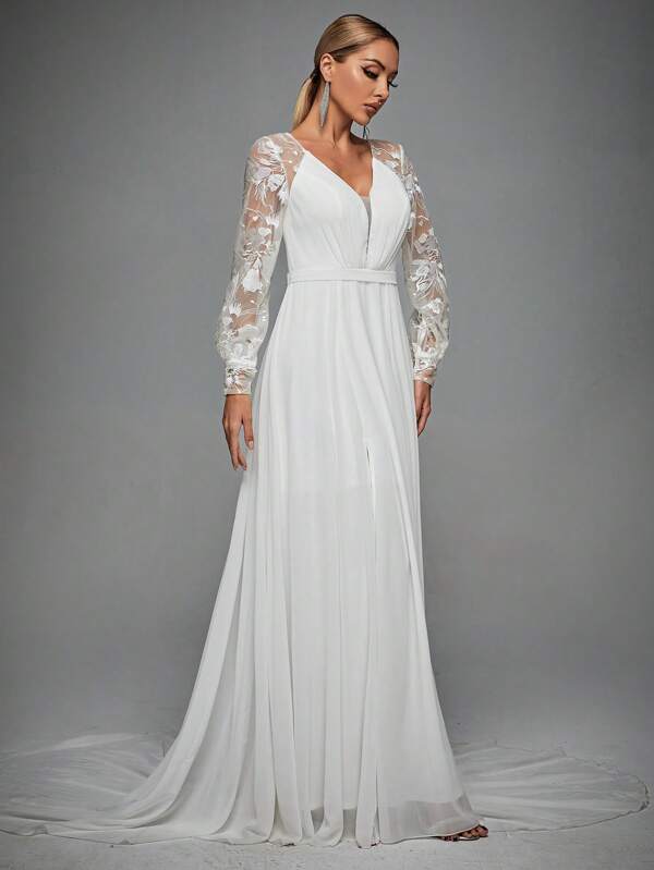 Floral Embroidery Mesh Floor Length Wedding Dress