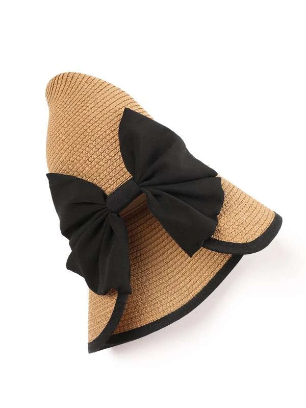 Bow Decor Contrast Binding Straw Hat