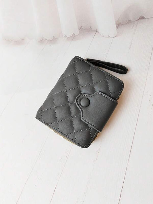 Quilted Small Wallet Snap Button Black