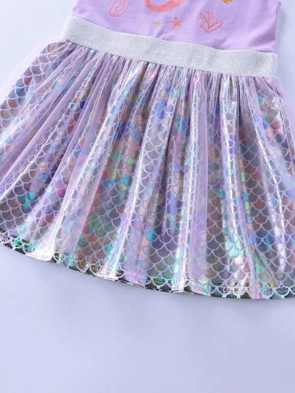 Toddler Girls Fish Scales Print Contrast Mesh Dress