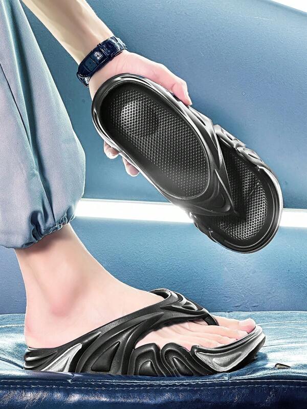 Cool Black Slippers For Men, Texture Embossed Flip Flops