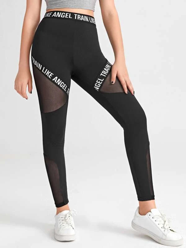 SHEIN Teen Girls Letter Taped Mesh Insert Leggings