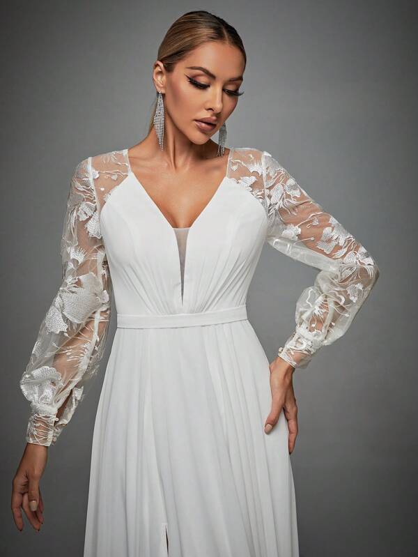 Floral Embroidery Mesh Floor Length Wedding Dress