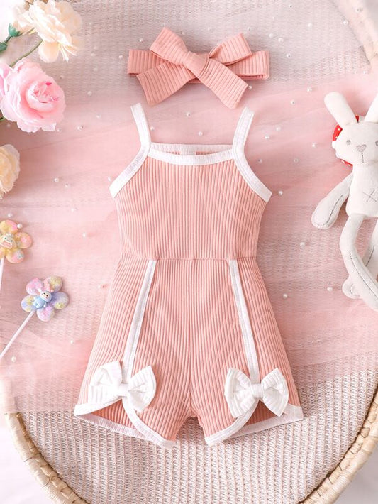 Baby Bow Front Contrast Binding Cami Romper With Headband