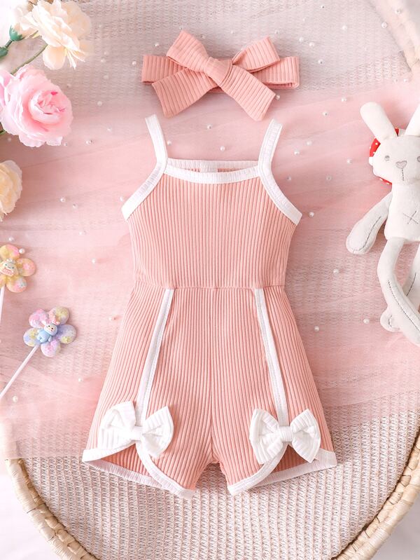 Baby Bow Front Contrast Binding Cami Romper With Headband