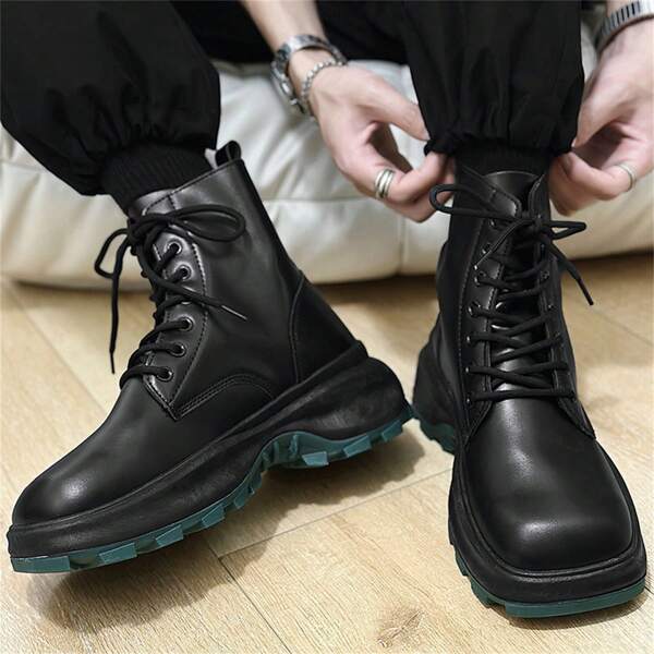 Men's Motorcycle Style High Top Pu Leather Boots, Black Short Work Boots, Outdoor Shoes With Thick Sole