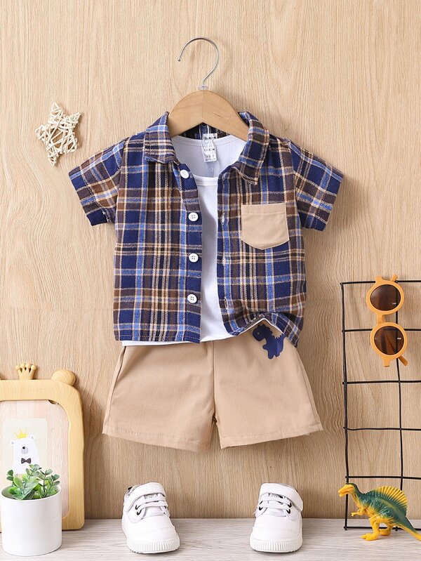 Baby Boy Plaid Patched Pocket Shirt & Shorts Without Tee