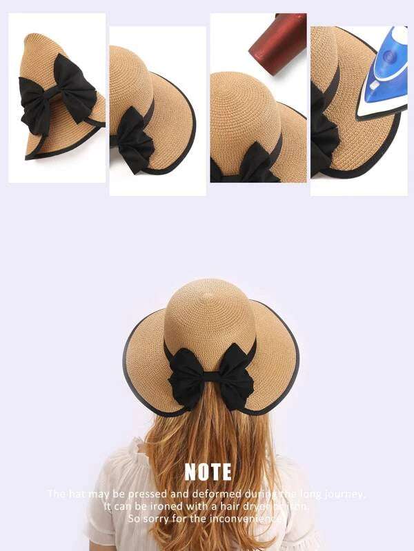 Bow Decor Contrast Binding Straw Hat