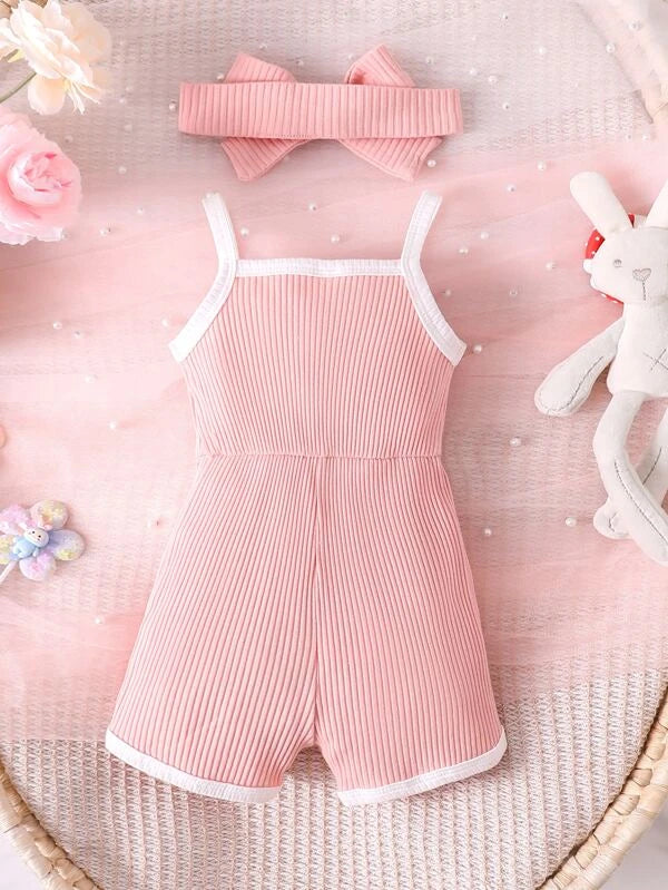 Baby Bow Front Contrast Binding Cami Romper With Headband