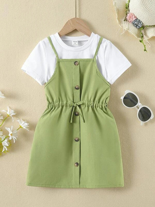 Toddler Girls Solid Tee & Knot Button Front Cami Dress