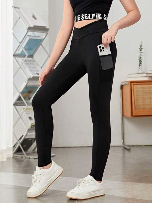 SHEIN Teen Girl Asymmetrical Waistband Phone Pocket Side Leggings